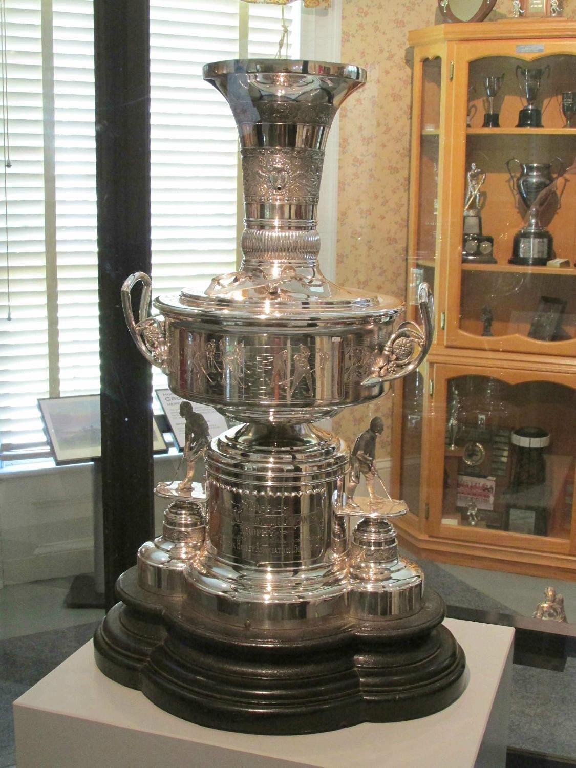 Hockey artifacts and trophy display at the Birthplace of Hockey Museum in Windsor Nova Scotia