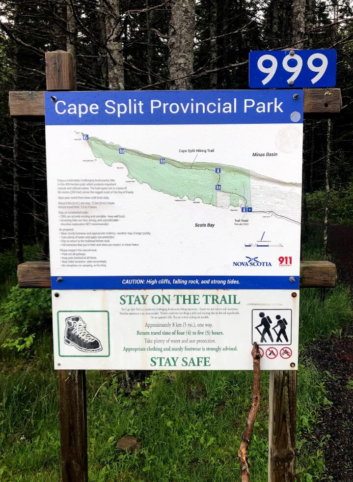Trailhead map sign at Cape Split Provincial Park showing the Cape Split hiking trail in Nova Scotia