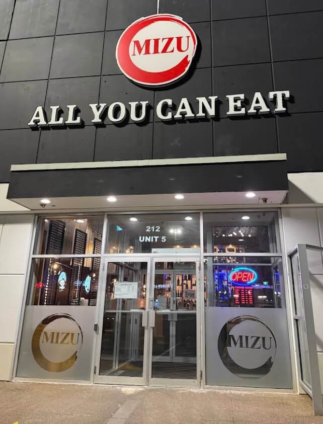 Exterior of Mizu All You Can Eat Sushi restaurant in Halifax, popular family-friendly dining option.