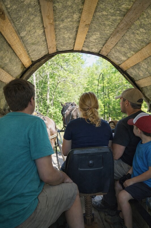 Horse-drawn wagon ride through forest at Ross Farm Museum New Ross Nova Scotia family farm experience